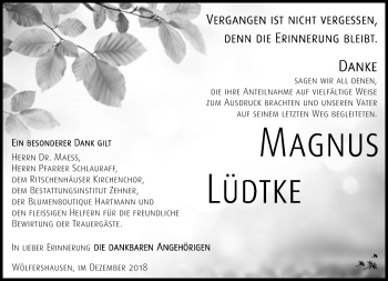 Traueranzeige von Magnus Lüdtke von Südthüringer Presse