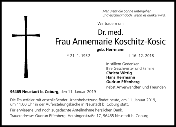 Traueranzeige von Annemarie Koschitz-Kosic von Neue Presse Coburg