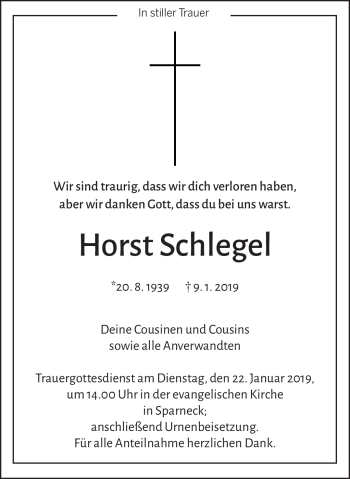 Traueranzeige von Horst Schlegel von Frankenpost