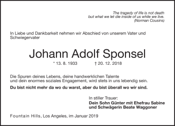 Traueranzeige von Johann Adolf Sponsel von Neue Presse Coburg
