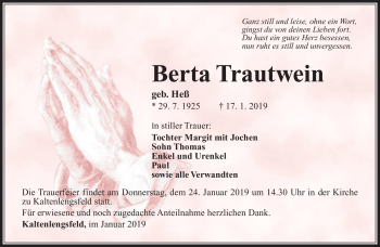 Traueranzeige von Berta Trautheim von Südthüringer Presse
