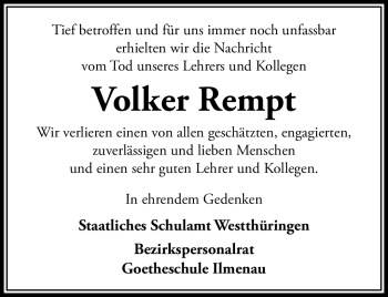 Traueranzeige von Volker Rempt von Südthüringer Presse