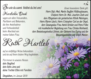 Traueranzeige von Ruth Hartlebe von Südthüringer Presse
