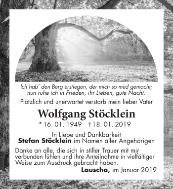 Traueranzeige von Wolfgang Stöcklein von Südthüringer Presse