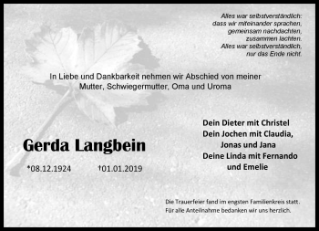 Traueranzeige von Gerda Langbein von Neue Presse Coburg