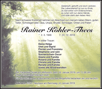 Traueranzeige von Rainer Köhler-Thees von Südthüringer Presse