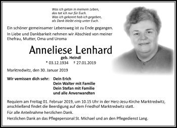 Traueranzeige von Anneliese Lenhard von Frankenpost