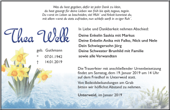 Traueranzeige von Thea Welk von Südthüringer Presse