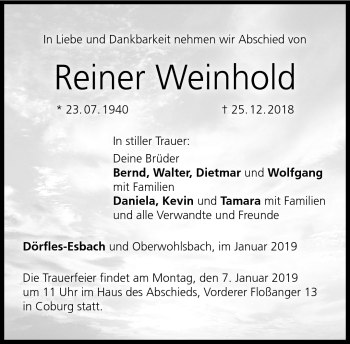 Traueranzeige von Reiner Weinhold von Neue Presse Coburg