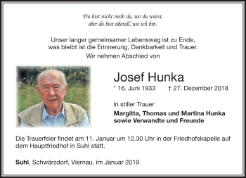 Traueranzeige von Josef Hunka von Südthüringer Presse