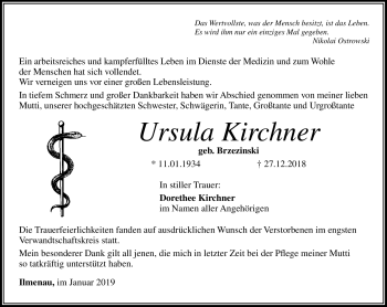 Traueranzeige von Ursula Kirchner von Südthüringer Presse