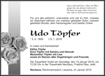 Traueranzeige von Udo Töpfer von Südthüringer Presse