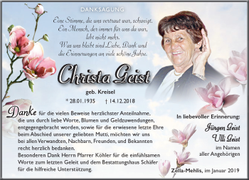 Traueranzeige von Christa Geist von Südthüringer Presse