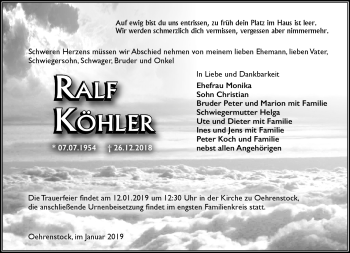 Traueranzeige von Ralf Köhler von Südthüringer Presse
