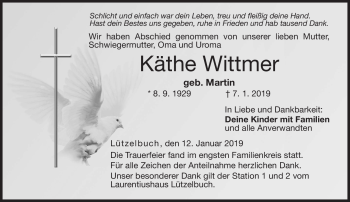Traueranzeige von Käthe Wittmer von Neue Presse Coburg