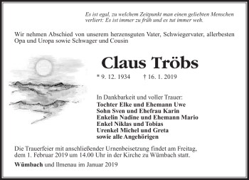 Traueranzeige von Claus Tröbs von Südthüringer Presse