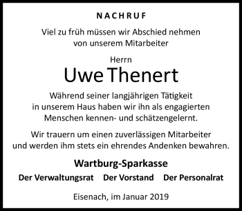 Traueranzeige von Uwe Thenert von Südthüringer Presse
