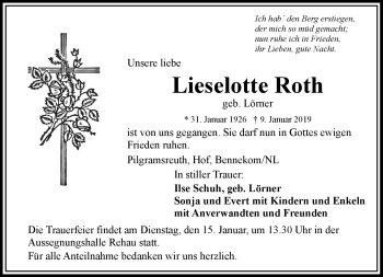 Traueranzeige von Lieselotte Roth von Frankenpost