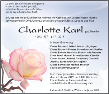 Traueranzeige von Charlotte Karl von Südthüringer Presse