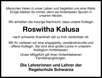 Traueranzeige von Roswitha Kalusa von Südthüringer Presse