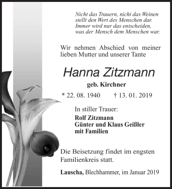 Traueranzeige von Hanna Zitzmann von Südthüringer Presse