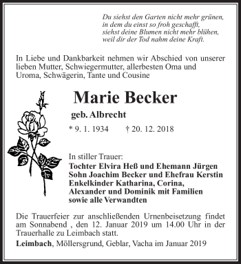 Traueranzeige von Marie Becker von Südthüringer Presse