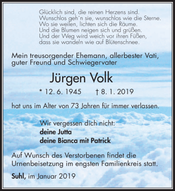 Traueranzeige von Jürgen Volk von Südthüringer Presse