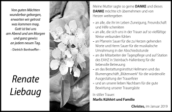 Traueranzeige von Renate Liebaug von Südthüringer Presse