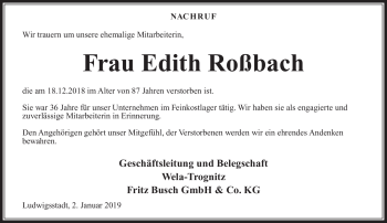 Traueranzeige von Edith Roßbach von Neue Presse Coburg