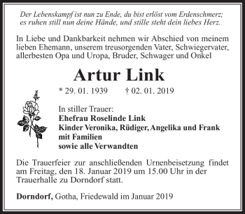 Traueranzeige von Artur Link von Südthüringer Presse