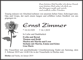Traueranzeige von Ernst Zimmer von Südthüringer Presse