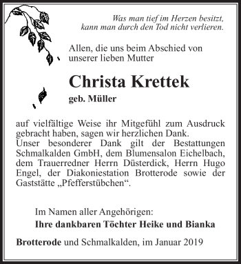 Traueranzeige von Christa Krettek von Südthüringer Presse