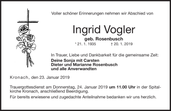 Traueranzeige von Ingrid Vogler von Neue Presse Coburg