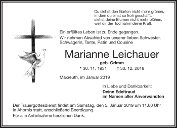 Traueranzeige von Marianne Leichauer von Frankenpost