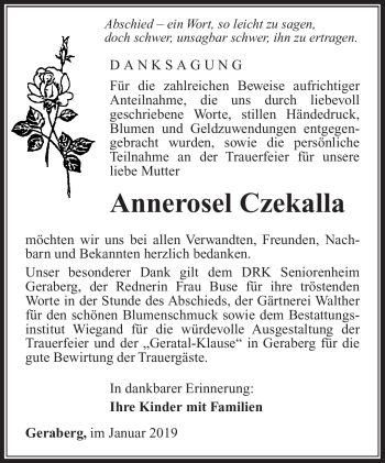Traueranzeige von Annerosel Czekalla von Südthüringer Presse