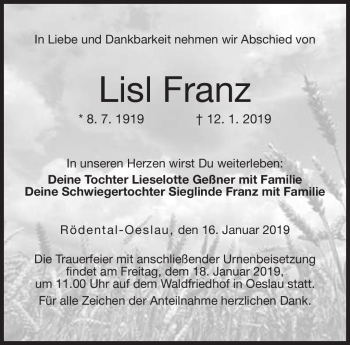 Traueranzeige von Lisl Franz von Neue Presse Coburg