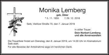 Traueranzeige von Monika Lemberg von Frankenpost