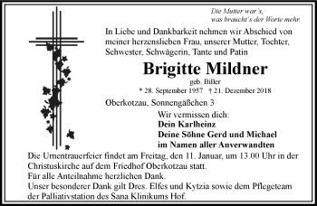 Traueranzeige von Brigitte Mildner von Frankenpost