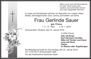 Traueranzeige von Gerlinde Sauer von Frankenpost