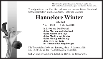 Traueranzeige von Hannelore Winter von Südthüringer Presse
