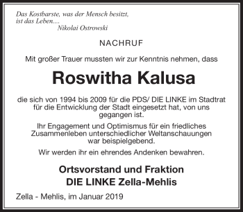 Traueranzeige von Roswitha Kalusa von Südthüringer Presse