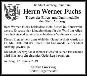Traueranzeige von Werner Fuchs von Frankenpost