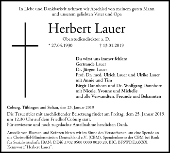 Traueranzeige von Herbert Lauer von Neue Presse Coburg