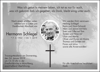 Traueranzeige von Hermann Schlegel von Frankenpost