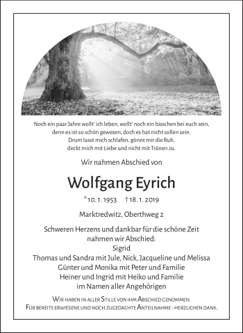 Traueranzeige von Wolfgang Eyrich von Frankenpost