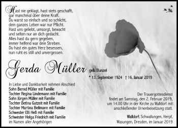 Traueranzeige von Gerta Müller von Südthüringer Presse