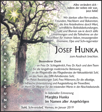 Traueranzeige von Josef Hunka von Südthüringer Presse