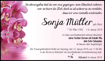 Traueranzeige von Sonja Müller von Südthüringer Presse