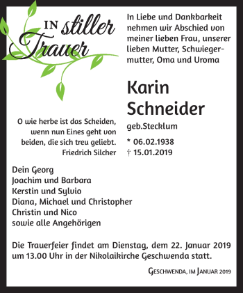Traueranzeige von Karin Schneider von Südthüringer Presse