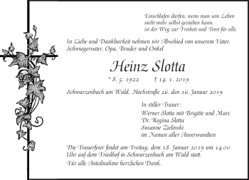 Traueranzeige von Heinz Slotta von Frankenpost
